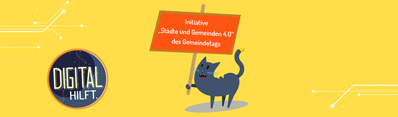 Gelbes Plakat mit Katze und Logo mit dem Text "Digital hilft"